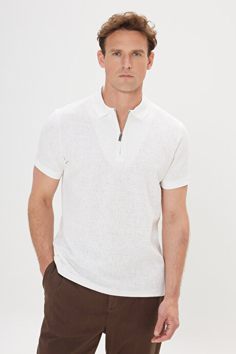 Pamuklu Slim Fit Dar Kesim Polo Yaka Esnek Ekru Tişört resmi