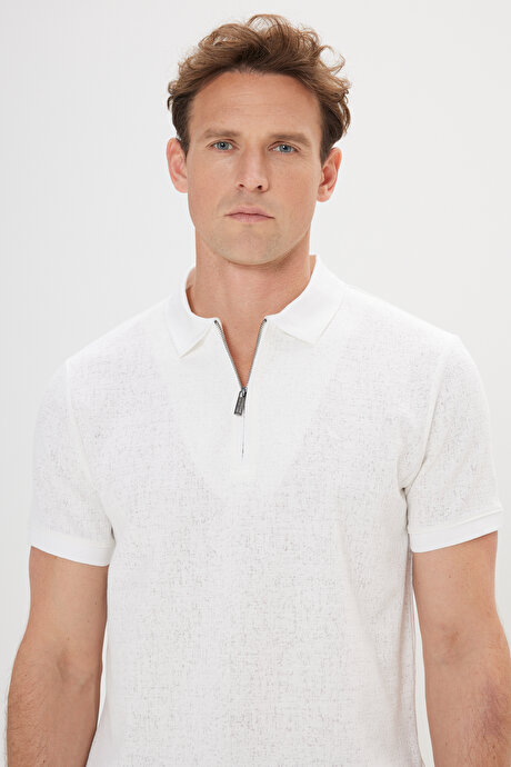 Pamuklu Slim Fit Dar Kesim Polo Yaka Esnek Ekru Tişört resmi