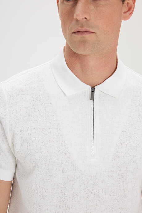 Pamuklu Slim Fit Dar Kesim Polo Yaka Esnek Ekru Tişört resmi