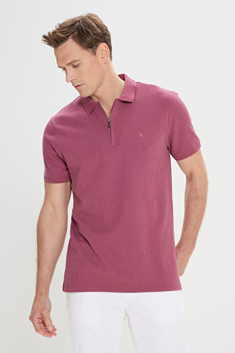 Pamuklu Slim Fit Dar Kesim Polo Yaka Esnek Gül Kurusu Tişört resmi
