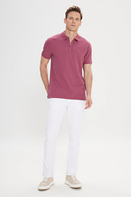 Pamuklu Slim Fit Dar Kesim Polo Yaka Esnek Gül Kurusu Tişört resmi
