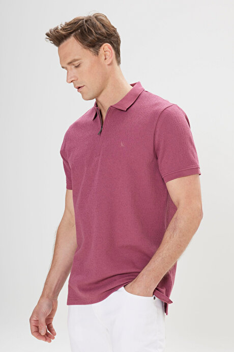 Pamuklu Slim Fit Dar Kesim Polo Yaka Esnek Gül Kurusu Tişört resmi