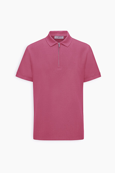 Pamuklu Slim Fit Dar Kesim Polo Yaka Esnek Gül Kurusu Tişört resmi