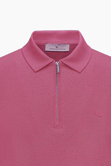 Pamuklu Slim Fit Dar Kesim Polo Yaka Esnek Gül Kurusu Tişört resmi
