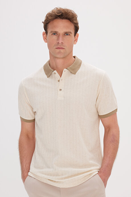 Slim Fit Dar Kesim Pamuklu Desenli Polo Yaka Bej-Vizon Tişört resmi