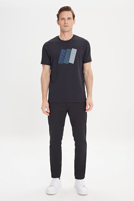 Slim Fit Dar Kesim Pamuklu Baskılı Bisiklet Yaka Siyah Tişört resmi