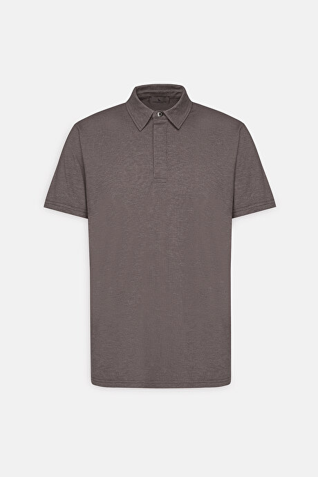 Slim Fit Dar Kesim Polo Yaka Jakarlı Kahverengi Tişört resmi