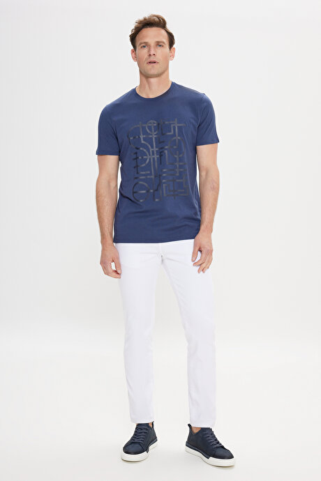 %100 Pamuk Slim Fit Dar Kesim Bisiklet Yaka Baskılı Lacivert Tişört resmi