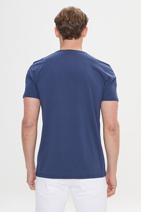%100 Pamuk Slim Fit Dar Kesim Bisiklet Yaka Baskılı Lacivert Tişört resmi