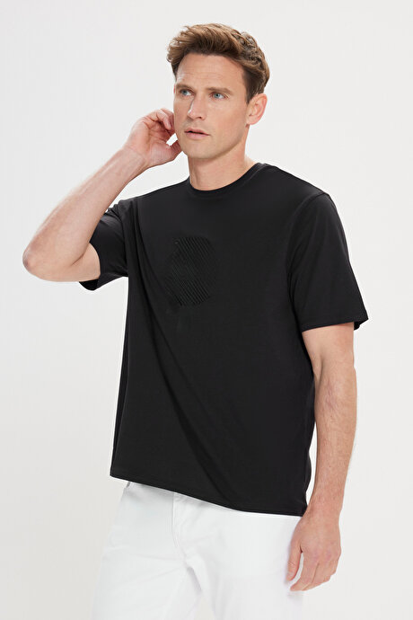 Modern Fit Rahat Kesim %100 Pamuk Baskılı Bisiklet Yaka Siyah Tişört resmi