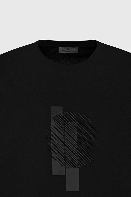 Modern Fit Rahat Kesim %100 Pamuk Baskılı Bisiklet Yaka Siyah Tişört resmi