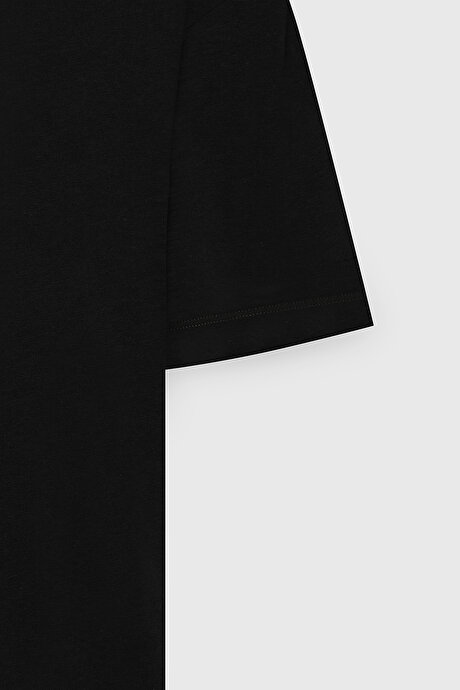 Modern Fit Rahat Kesim %100 Pamuk Baskılı Bisiklet Yaka Siyah Tişört resmi