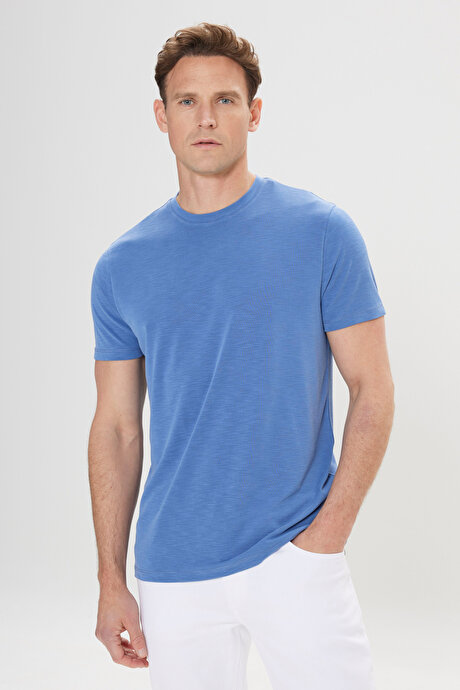 Yumuşak Dokulu Slim Fit Dar Kesim Bisiklet Yaka İndigo Tişört resmi