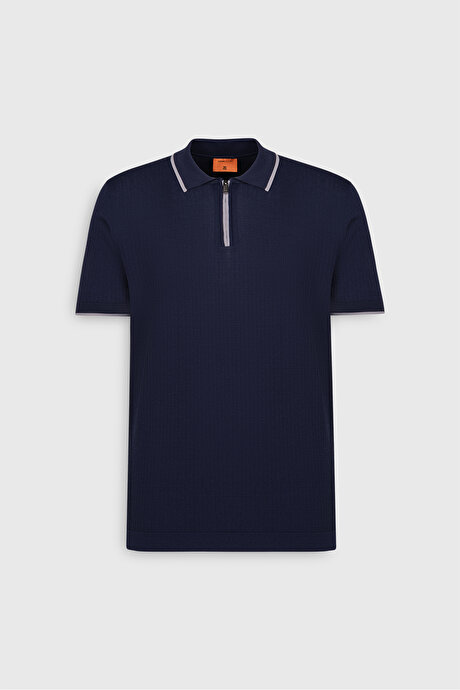 Standart Fit Normal Kesim Polo Yaka Jakarlı Lacivert-Gri Triko Tişört resmi