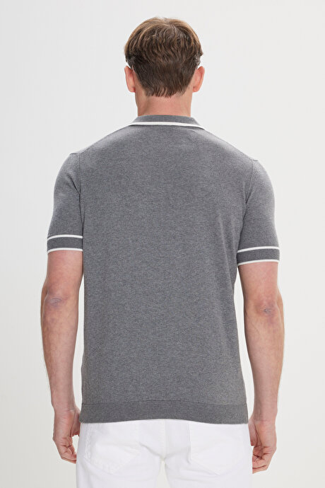 Standart Fit Normal Kesim %100 Pamuk Jakarlı Polo Yaka Gri Tişört resmi