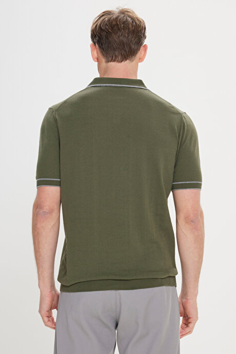 Standart Fit Normal Kesim %100 Pamuk Jakarlı Polo Yaka Haki Tişört resmi