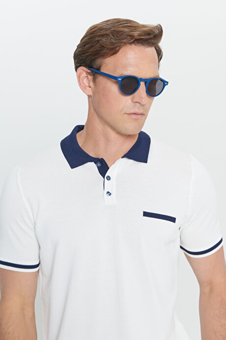 Standart Fit Normal Kesim Polo Yaka Beyaz-Lacivert Tişört resmi