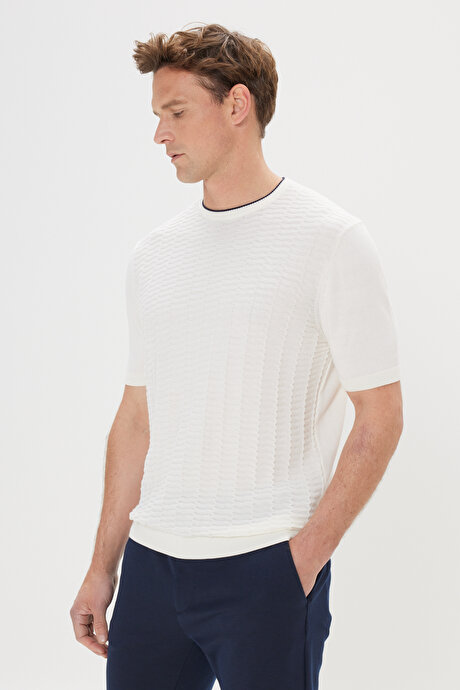 %100 Pamuk Standart Fit Normal Kesim Bisiklet Yaka Jakarlı Triko Ekru-Lacivert Tişört resmi