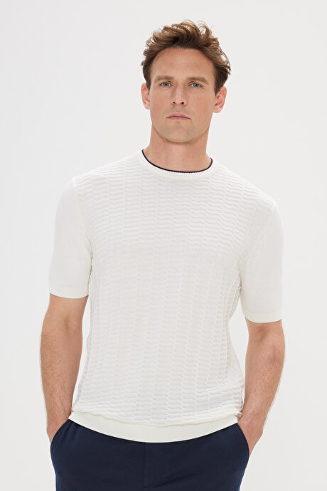 %100 Pamuk Standart Fit Normal Kesim Bisiklet Yaka Jakarlı Triko Ekru-Lacivert Tişört resmi