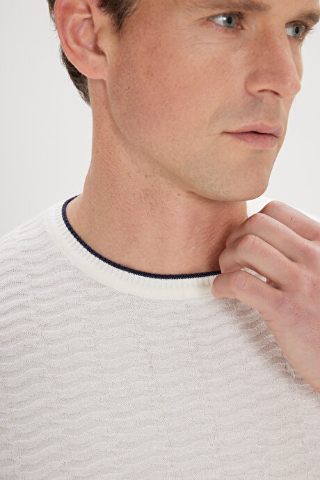 %100 Pamuk Standart Fit Normal Kesim Bisiklet Yaka Jakarlı Triko Ekru-Lacivert Tişört resmi