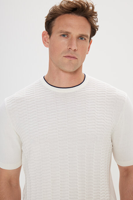 %100 Pamuk Standart Fit Normal Kesim Bisiklet Yaka Jakarlı Triko Ekru-Lacivert Tişört resmi