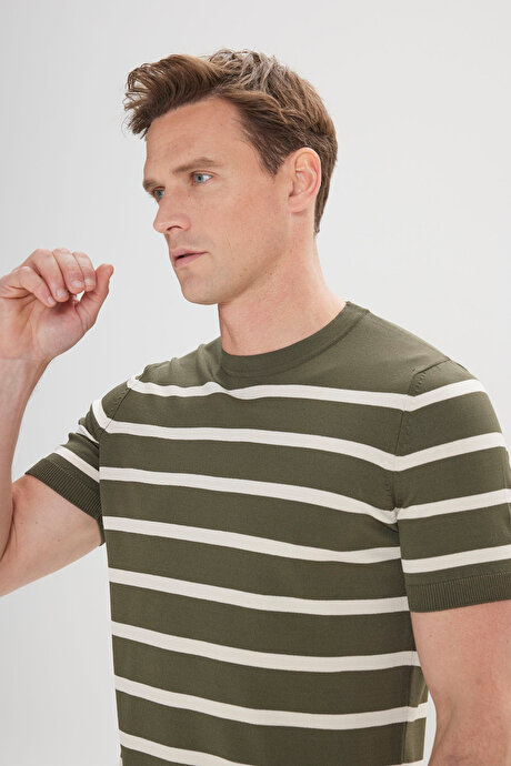 Standart Fit Normal Kesim Bisiklet Yaka Çizgili Triko Haki-Ekru Tişört resmi