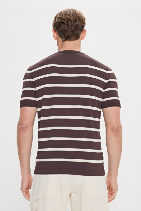 Yumuşak Dokulu Standart Fit Normal Kesim Bisiklet Yaka Çizgili Triko Kahve-Ekru Tişört resmi