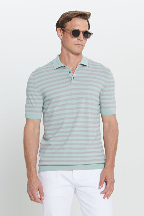 Standart Fit Normal Kesim Polo Yaka Çizgili A.YESIL-GRI Tişört resmi
