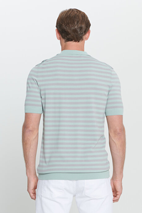 Standart Fit Normal Kesim Polo Yaka Çizgili A.YESIL-GRI Tişört resmi