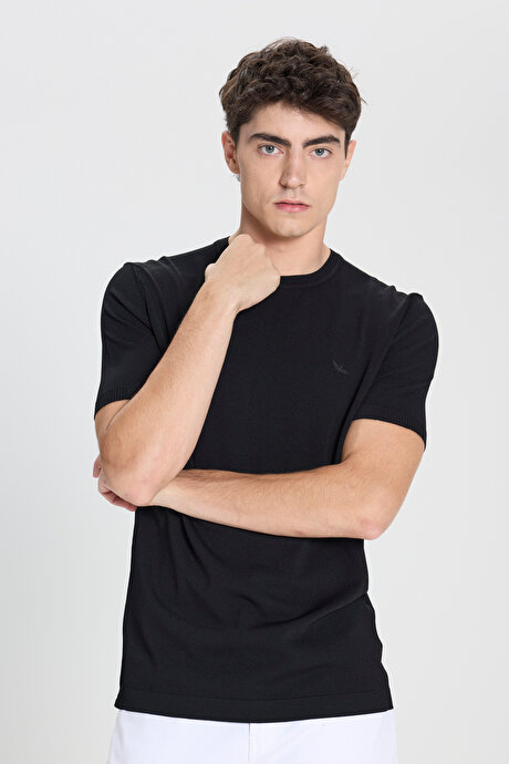 Standart Fit Normal Kesim Bisiklet Yaka Siyah Tişört resmi