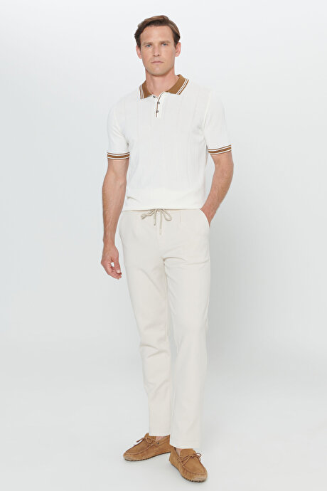 Pamuklu Slim Fit Dar Kesim Yan Cepli Normal Bel Esnek Örme Bej Örme Pantolon resmi