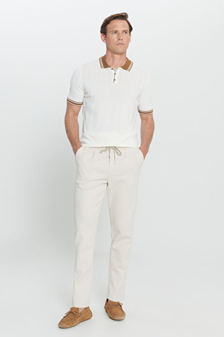 Pamuklu Slim Fit Dar Kesim Yan Cepli Normal Bel Esnek Örme Bej Örme Pantolon resmi