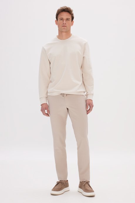 Pamuklu Slim Fit Dar Kesim Bisiklet Yaka Bej Sweatshirt resmi