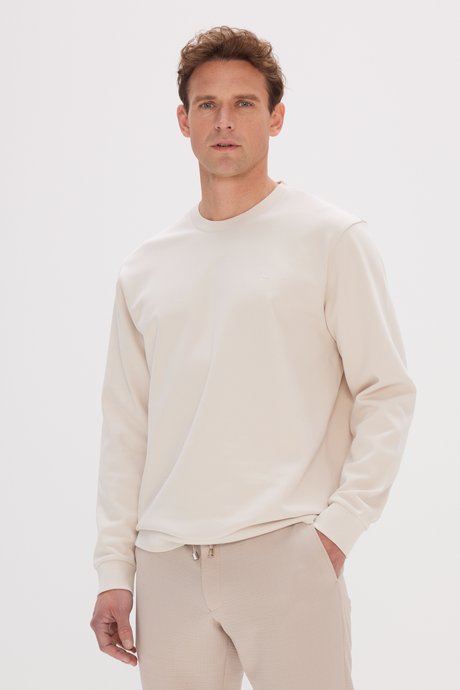 Pamuklu Slim Fit Dar Kesim Bisiklet Yaka Bej Sweatshirt resmi