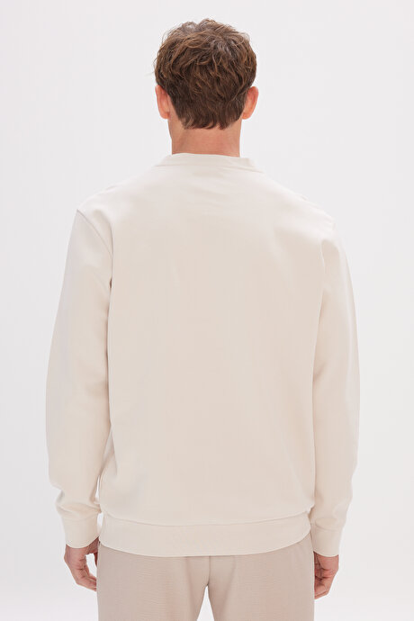 Pamuklu Slim Fit Dar Kesim Bisiklet Yaka Bej Sweatshirt resmi