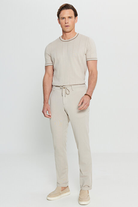 Slim Fit Dar Kesim Beli Bağlamalı Yan Cep Esnek Casual Bej Pantolon resmi
