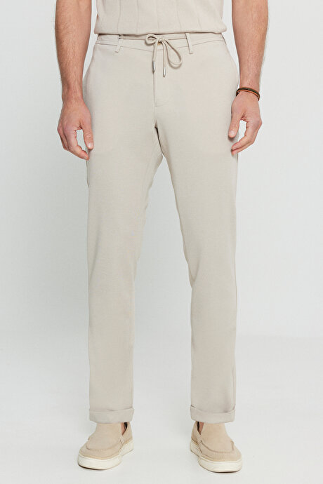Slim Fit Dar Kesim Beli Bağlamalı Yan Cep Esnek Casual Bej Pantolon resmi