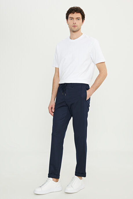 Slim Fit Dar Kesim Beli Bağlamalı Yan Cep Esnek Casual Lacivert Pantolon resmi