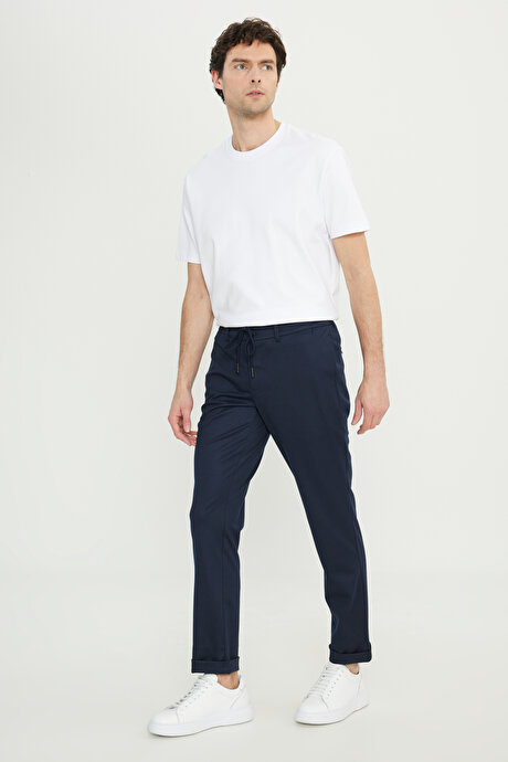 Slim Fit Dar Kesim Beli Bağlamalı Yan Cep Esnek Casual Lacivert Pantolon resmi