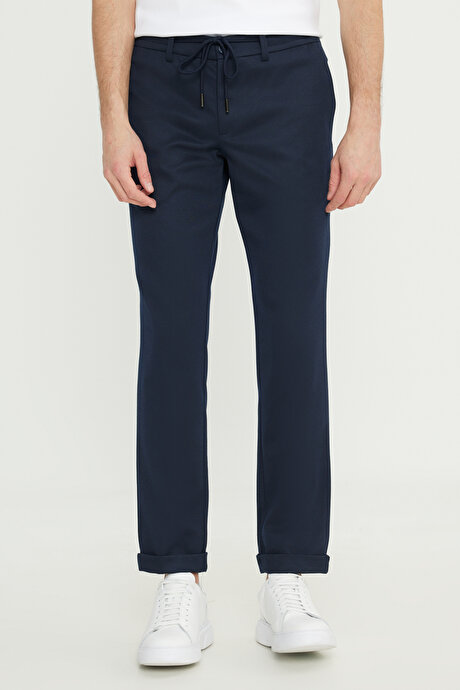 Slim Fit Dar Kesim Beli Bağlamalı Yan Cep Esnek Casual Lacivert Pantolon resmi