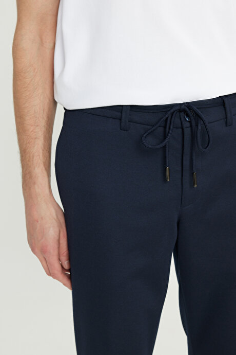Slim Fit Dar Kesim Beli Bağlamalı Yan Cep Esnek Casual Lacivert Pantolon resmi