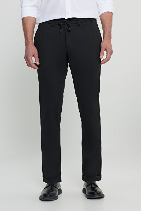 Slim Fit Dar Kesim Beli Bağlamalı Yan Cep Esnek Casual Siyah Pantolon resmi