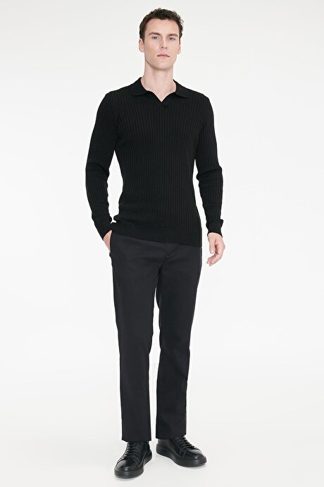 Pamuklu Comfort Fit Yan Cepli Armürlü Casual Esnek Siyah Pantolon resmi