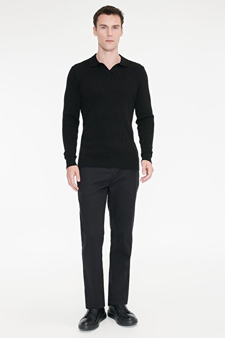 Pamuklu Comfort Fit Yan Cepli Armürlü Casual Esnek Siyah Pantolon resmi