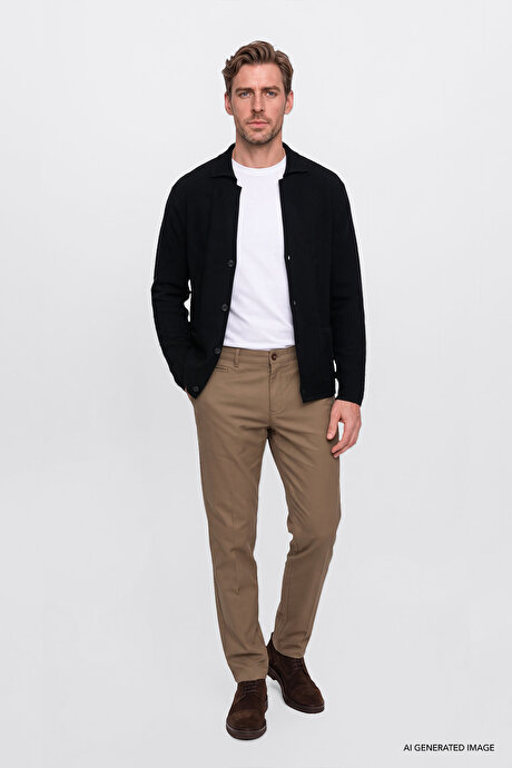 Pamuklu Slim Fit Armürlü Yan Cepli Esnek Casual Bej Pantolon resmi