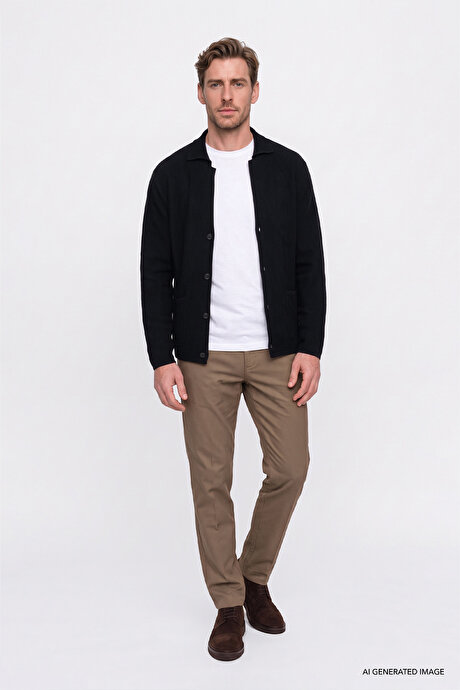 Pamuklu Slim Fit Armürlü Yan Cepli Esnek Casual Bej Pantolon resmi