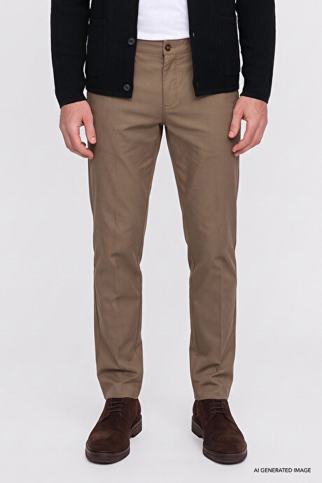 Pamuklu Slim Fit Armürlü Yan Cepli Esnek Casual Bej Pantolon resmi