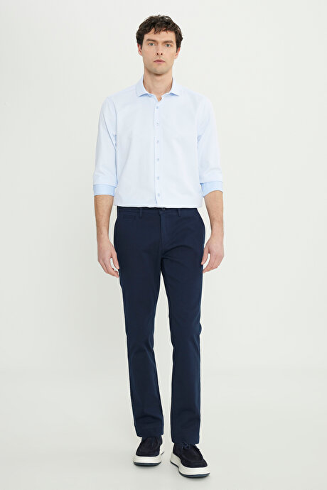 Pamuklu Slim Fit Dar Kesim Armürlü Yan Cepli Esnek Casual Lacivert Pantolon resmi