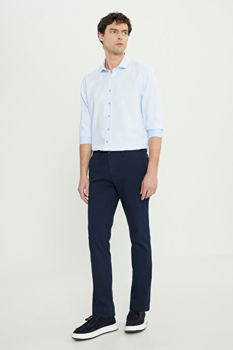Pamuklu Slim Fit Dar Kesim Armürlü Yan Cepli Esnek Casual Lacivert Pantolon resmi