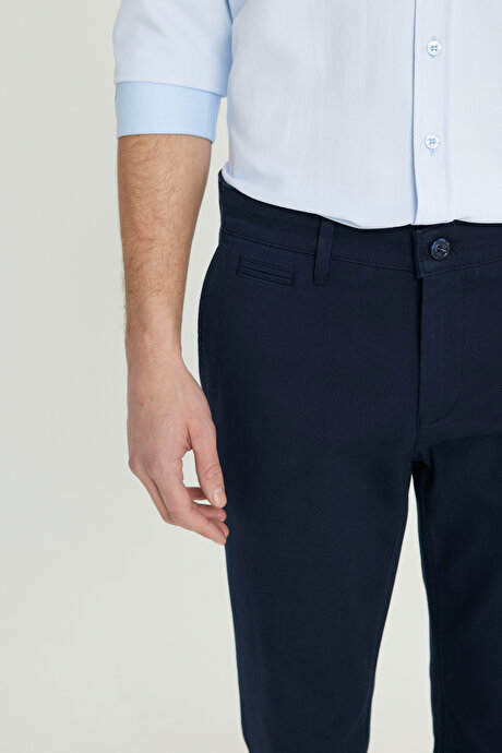 Pamuklu Slim Fit Dar Kesim Armürlü Yan Cepli Esnek Casual Lacivert Pantolon resmi